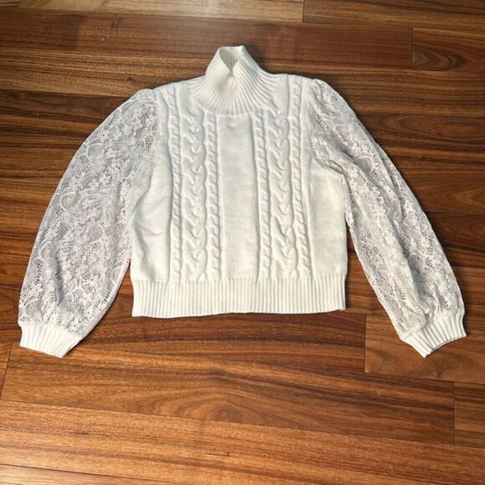 Pink lily white lace knit sweater pull over mock neck cable knit sweater lace sl